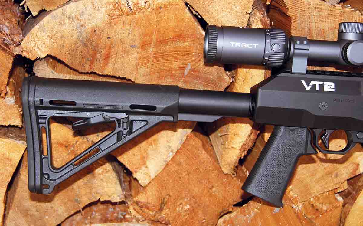 The buttstock and pistol grip of the Volquartsen VT2 are Magpul products, including an MOE Milspec collapsible stock and plain MOE-K AR grip.